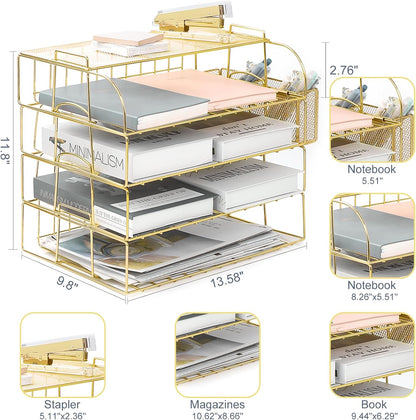 TNELTUEB 6 Tier Stackable Letter Tray, Rose Gold File Organizer Desk Organizers and Accessories for Women with 1 Upper Display Shelf for School